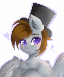 Size: 3199x3871 | Tagged: safe, artist:bizarrepony, derpibooru import, oc, oc only, oc:rockyroadic, pegasus, pony, bust, chest fluff, cute, hat, simple background, solo, top hat, white background