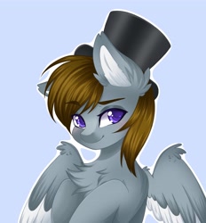 Size: 3521x3794 | Tagged: safe, artist:bizarrepony, derpibooru import, oc, oc only, oc:rockyroadic, pegasus, pony, blue background, cute, hat, simple background, solo, top hat