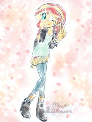 Size: 768x1024 | Tagged: safe, artist:moesisterson, derpibooru import, sunset shimmer, equestria girls, doodle, female, looking at you, one eye closed, peace sign, solo, wink, winking at you