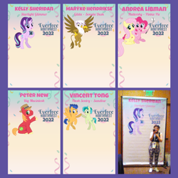 Size: 900x900 | Tagged: safe, artist:tim-kangaroo, derpibooru import, big macintosh, flash sentry, fluttershy, gilda, pinkie pie, sandbar, starlight glimmer, human, convention, everfree northwest, irl, kelly sheridan, photo, photo stands, voice actor, voice actors