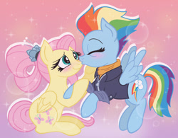 Size: 1012x790 | Tagged: safe, artist:pennylollyling, derpibooru import, fluttershy, rainbow dash, pegasus, pony, the last problem, blushing, cute, dashabetes, eye wrinkles, eyes closed, female, flutterdash, kissing, lesbian, mare, older, older fluttershy, older rainbow dash, shipping, shyabetes, smiling