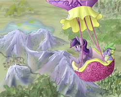 Size: 1250x1000 | Tagged: safe, artist:victorydanceofficial, derpibooru import, spike, twilight sparkle, twilight sparkle (alicorn), alicorn, dragon, pony, duo, female, happy, hot air balloon, male, mare, mountain, mountain range, open mouth, open smile, smiling, train tracks, twinkling balloon