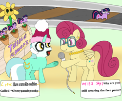 Size: 6048x5036 | Tagged: safe, derpibooru import, lyra heartstrings, posey shy, twilight sparkle, beanie, face paint, flower, glasses, hat, meme, microphone, older, speech bubble, train tracks, twiggie