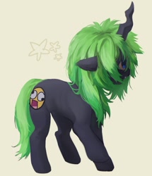 Size: 1296x1505 | Tagged: safe, artist:jackieshounen, derpibooru import, oc, oc only, changeling, pony, unicorn, awesome face, green changeling, green hair, green tail, simple background, solo, tail, tan background