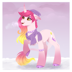 Size: 1000x1000 | Tagged: safe, artist:purplegrim40, derpibooru import, oc, oc only, pony, unicorn, beanie, clothes, cloven hooves, hat, horn, leonine tail, raised hoof, raised leg, scarf, solo, unicorn oc