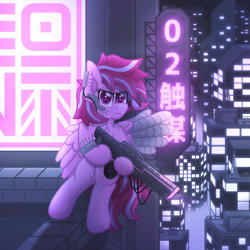 Size: 3000x3000 | Tagged: safe, artist:sol-r, derpibooru import, oc, oc only, oc:jazzy, pegasus, pony, augmented, cyberpunk, gun, high res, neon, neon sign, rifle, roof, weapon