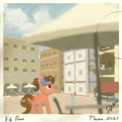 Size: 1077x1078 | Tagged: safe, artist:doughnutwubbs, derpibooru import, oc, oc only, oc:vibin' stellar, pony, unicorn, cafe, female, headphones, mare, photo, polaroid, town