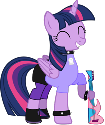 Size: 790x942 | Tagged: safe, artist:pagiepoppie12345, derpibooru import, twilight sparkle, twilight sparkle (alicorn), alicorn, pony, clothes, collar, eyes closed, female, guitar, hi hi puffy ami yumi, holding, horn, mare, musical instrument, pants, shirt, shoes, simple background, skirt, skull, smiling, spiked collar, spikes, transparent background, wings, wristband, yumi yoshimura