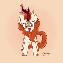 Size: 2250x2250 | Tagged: safe, artist:theratedrshimmer, derpibooru import, autumn blaze, kirin, awwtumn blaze, cute, excited, female, happy, hat, head tilt, kirinbetes, looking at you, open mouth, open smile, party hat, smiling, smiling at you, solo
