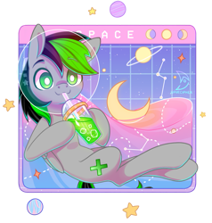 Size: 873x916 | Tagged: safe, artist:musicfirewind, derpibooru import, oc, oc:nighty, pegasus, pony, commission, constellation, drink, drinking, drinking straw, male, pegasus oc, solo, space, straw, white pupils, ych result