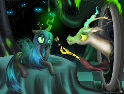 Size: 2032x1534 | Tagged: safe, artist:giuliabeck, derpibooru import, discord, queen chrysalis, changeling, changeling queen, draconequus, changeling hive, discolis, female, flower, glowing, glowing horn, horn, male, portal, shipping, straight