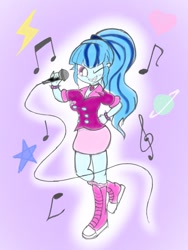 Size: 768x1024 | Tagged: safe, artist:tiga mega, derpibooru import, sonata dusk, equestria girls, breasts, clothes, female, gem, grin, hand on hip, heart, jewelry, looking at you, microphone, music notes, necklace, one eye closed, purple background, simple background, siren gem, smiling, smiling at you, solo, sonata bust, spiked wristband, stars, wink, winking at you, wristband