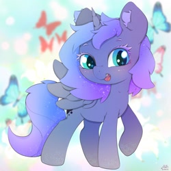 Size: 2000x2000 | Tagged: safe, artist:zokkili, derpibooru import, princess luna, alicorn, butterfly, pony, abstract background, colored eyelashes, cute, ear fluff, ears, ethereal mane, female, filly, foal, horn, looking at you, lunabetes, open mouth, open smile, raised hoof, raised leg, smiling, smiling at you, solo, spread wings, wings, woona, younger