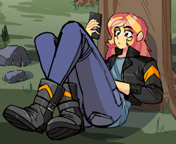 Size: 2086x1713 | Tagged: safe, artist:exvius, derpibooru import, sunset shimmer, human, equestria girls, boots, cellphone, clothes, denim, female, forest background, jacket, jeans, leather, leather jacket, pants, phone, shoes, sitting, solo