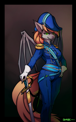 Size: 1056x1690 | Tagged: safe, artist:g-haze, derpibooru import, oc, oc only, anthro, bat pony, anthro oc, bat pony oc, clothes, epaulettes, fancy, female, gloves, gradient background, mare, saber, soldier, solo, sword, uniform, uniform hat, weapon