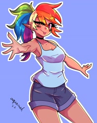Size: 1800x2281 | Tagged: safe, artist:ashes-arts, artist:mylittleyuri, derpibooru import, rainbow dash, human, :p, alternate hairstyle, armpits, bare shoulders, blue background, blushing, choker, clothes, cute, dashabetes, elf ears, female, humanized, one eye closed, shorts, simple background, sleeveless, solo, tanktop, tongue, tongue out, wink