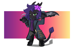 Size: 3000x2000 | Tagged: safe, artist:aurorafang, derpibooru import, oc, oc only, oc:ravy stargazer, demon, demon pony, bipedal, final fantasy, final fantasy xiv, gunblade, gunbreaker