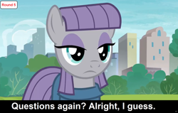 Size: 1920x1218 | Tagged: safe, derpibooru import, edit, edited screencap, screencap, maud pie, earth pony, pony, comic:celestia's servant interview, the gift of the maud pie, caption, cs captions, detailed background, female, interview, looking at you, manehattan, mare, solo, text