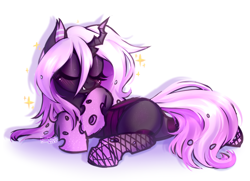 Size: 2510x1819 | Tagged: safe, artist:kannakiller, derpibooru import, oc, oc only, oc:mirage, changeling, pony, blushing, clothes, digital art, eyes closed, female, fishnet stockings, gift art, mare, purple changeling, simple background, sketch, smiling, socks, solo, sparkles, white background