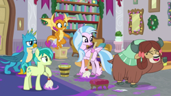 Size: 1278x719 | Tagged: safe, derpibooru import, screencap, gallus, sandbar, silverstream, smolder, yona, classical hippogriff, dragon, earth pony, griffon, hippogriff, pony, yak, the hearth's warming club, bucket, cloven hooves, colored hooves, eyes closed, jewelry, monkey swings, mop, necklace