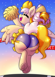 Size: 2048x2888 | Tagged: safe, artist:northernlightsone, derpibooru import, cheerilee, spitfire, oc, oc only, oc:learning curve, earth pony, pegasus, pony, butt, cheering, cheerleader, cheerleader outfit, clothes, commission, commissioner:bigonionbean, cutie mark, extra thicc, female, flank, fusion, fusion:learning curve, high res, mare, plot, pom pom, solo, spread wings, tail, underhoof, wings, writer:bigonionbean