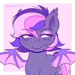 Size: 1400x1400 | Tagged: safe, artist:lonesomecryptid, derpibooru import, oc, oc only, bat pony, pony, bat pony oc, bat wings, eyeshadow, makeup, pink background, pink eyeshadow, purple eyes, purple hair, simple background, solo, wings