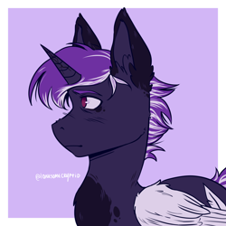 Size: 1400x1400 | Tagged: safe, artist:lonesomecryptid, derpibooru import, oc, pony, commission, horn, icon, purple background, purple hair, red eyes, simple background, solo, wings