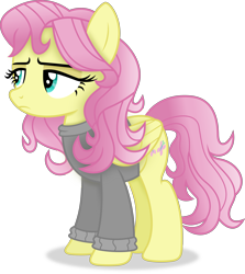 Size: 3860x4327 | Tagged: safe, artist:anime-equestria, derpibooru import, fluttershy, pegasus, pony, alternate hairstyle, clothes, female, frown, lidded eyes, mare, messy mane, simple background, solo, sweater, transparent background, vector, wings