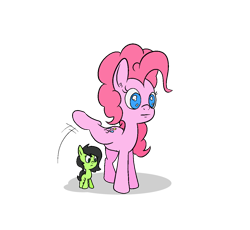 Size: 1175x1080 | Tagged: safe, artist:happy harvey, derpibooru import, pinkie pie, oc, oc:anon filly, earth pony, pony, behaving like a dog, colored pupils, drawn on phone, ear fluff, ears, female, filly, foal, imminent pissing, lifting leg, mare, raised leg, simple background, size difference, smol, this will end in tears, transparent background