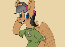 Size: 2957x2160 | Tagged: safe, artist:aliceg, derpibooru import, pegasus, pony, blushing, bucktooth, clothes, shirt, simple background, solo, spiral notepad