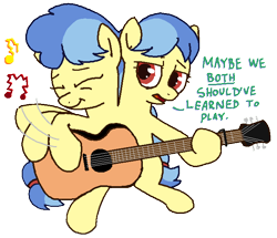 Size: 679x583 | Tagged: safe, artist:kleyime, derpibooru import, oc, oc only, oc:eeny meeny, oc:miney moe, earth pony, pony, conjoined, conjoined twins, duo, earth pony oc, family guy, female, guitar, identical twins, multiple heads, musical instrument, siblings, simple background, sisters, transparent background, twin sisters, twins, two heads