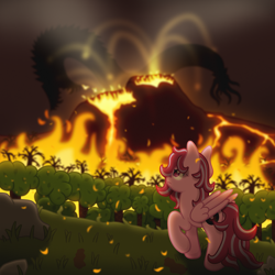 Size: 4000x4000 | Tagged: safe, artist:sol-r, derpibooru import, oc, oc only, oc:jazzy, dragon, pegasus, pony, absurd file size, absurd resolution, chinese dragon, eruption, fire, frown, raised hoof, raised leg, volcano