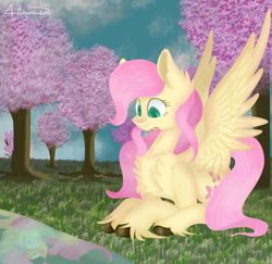 Size: 2016x1960 | Tagged: safe, artist:4agonism, derpibooru import, fluttershy, bat pony, bat ponified, cherry blossoms, cherry tree, evil grin, flutterbat, grin, race swap, reflection, smiling, spread wings, surprised, tree, unshorn fetlocks, wings