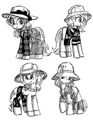 Size: 400x520 | Tagged: safe, artist:plunger, ponerpics import, oc, earth pony, pony, clothes, female, females only, hat, mare, monochrome, only