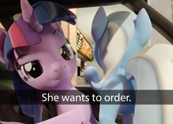 Size: 3840x2768 | Tagged: safe, artist:xppp1n, trixie, twilight sparkle, 3d, blender, blender cycles, butt, drive thru, he wants to order, mcdonald's, meme, plot, ponified, ponified meme, snapchat