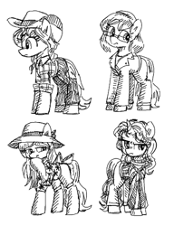 Size: 400x520 | Tagged: safe, artist:plunger, ponerpics import, oc, oc only, earth pony, pony, unicorn, clothes, cowboy hat, female, females only, hat, mare, monochrome