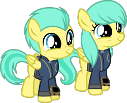 Size: 6138x5000 | Tagged: safe, artist:ponygamer2020, derpibooru import, barley barrel, pickle barrel, pegasus, pony, fallout equestria, rainbow roadtrip, absurd resolution, barleybetes, barrel twins, brother and sister, clothes, colt, cute, duo, fallout, female, filly, foal, fraternal twins, freckles, jumpsuit, male, picklebetes, pipboy, puppy dog eyes, siblings, simple background, transparent background, twins, vault suit, vector