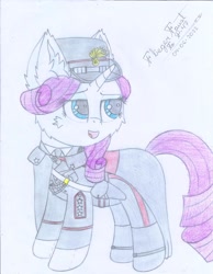 Size: 1700x2194 | Tagged: safe, artist:fliegerfausttop47, derpibooru import, rarity, blue eyes, boots, cape, carabinieri, cheek fluff, clothes, description is relevant, detailed, ear fluff, ears, fashion, female, gloves, hat, holster, italian, looking at something, looking sideways, military uniform, offscreen character, purple mane, shoes, signature, simple background, smug, smugity, solo, stars, story included, traditional art, uniform, white background