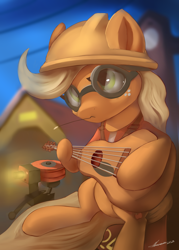 Size: 3000x4200 | Tagged: safe, artist:auroriia, derpibooru import, applejack, earth pony, pony, engiejack, engineer, female, freckles, goggles, guitar, helmet, high res, mare, musical instrument, sentry, signature, solo, straw in mouth, team fortress 2, valve, video game crossover