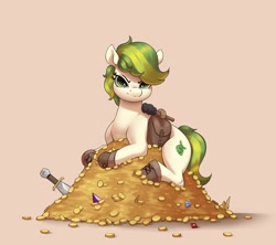 Size: 2048x1820 | Tagged: safe, artist:aquaticvibes, derpibooru import, oc, oc only, oc:karakusa, earth pony, pony, bag, boots, diamond, female, filly, foal, frown, gem, glare, gold, gold coins, greedy, hug, looking at you, loot, lying down, prone, ruby, saddle bag, scowl, shoes, simple background, sitting, solo, sword, tan background, torch, treasure, weapon