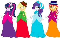 Size: 2266x1488 | Tagged: safe, artist:artsymlp12, derpibooru import, applejack, rarity, sci-twi, sunset shimmer, twilight sparkle, human, equestria girls, clothes, dress, hypnosis, hypnotized, long dress, long skirt, simple background, skirt, white background