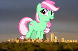 Size: 1279x851 | Tagged: safe, artist:jaredking779, artist:jhayarr23, derpibooru import, minty, earth pony, pony, background pony, boston, female, giant pony, giant/macro earth pony, giantess, highrise ponies, irl, macro, mare, massachusetts, mega giant, open mouth, photo, ponies in real life, recolor, smiling, solo