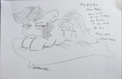 Size: 1808x1181 | Tagged: safe, artist:nootaz, derpibooru import, oc, oc only, oc:anon-mare, earth pony, pony, female, food, grayscale, mare, monochrome, pencil drawing, pillow, pizza, signature, solo, traditional art, unamused