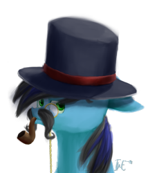 Size: 872x1021 | Tagged: safe, artist:theartflower, derpibooru import, oc, oc only, oc:electroshock, pony, bust, facial hair, hat, monocle, moustache, pipe, portrait, simple background, solo, top hat, transparent background