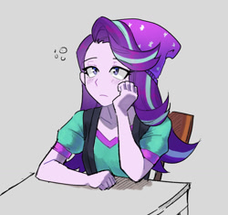 Size: 1280x1201 | Tagged: safe, artist:strelitzias, derpibooru import, starlight glimmer, equestria girls, beanie, chair, desk, eyebrows, eyebrows visible through hair, female, frown, hand on cheek, hat, sitting, solo