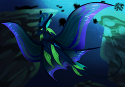 Size: 2360x1640 | Tagged: safe, artist:demontalakuyt, derpibooru import, oc, oc only, fish, hybrid, manta ray, original species, sea pony, crepuscular rays, digital art, fin wings, fins, fish tail, green eyes, horns, ocean, seaweed, solo, spread wings, sunlight, swimming, tail, underwater, water, wings