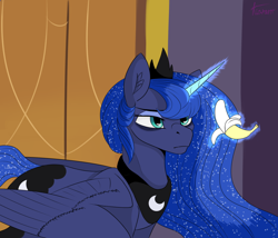 Size: 1400x1200 | Tagged: safe, artist:kiararrr, derpibooru import, princess luna, alicorn, pony, a royal problem, season 7, banana, female, food, scene interpretation, solo