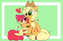 Size: 2085x1353 | Tagged: safe, artist:honeywist, derpibooru import, apple bloom, applejack, earth pony, pony, apple sisters, female, filly, foal, heart, hug, mare, siblings, simple background, sisters, smiling, unshorn fetlocks