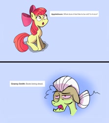 Size: 1920x2160 | Tagged: safe, artist:refinedspecimen, derpibooru import, apple bloom, granny smith, earth pony, pony, 2 panel comic, comic, female, filly, foal, mare, text