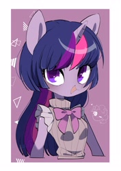 Size: 2894x4093 | Tagged: safe, artist:potetecyu_to, derpibooru import, pinkie pie, twilight sparkle, anthro, abstract background, blushing, bow, bust, clothes, female, heart, horn, looking at you, mare, one eye closed, open mouth, open smile, simple background, smiling, smiling at you, white background, wink, winking at you